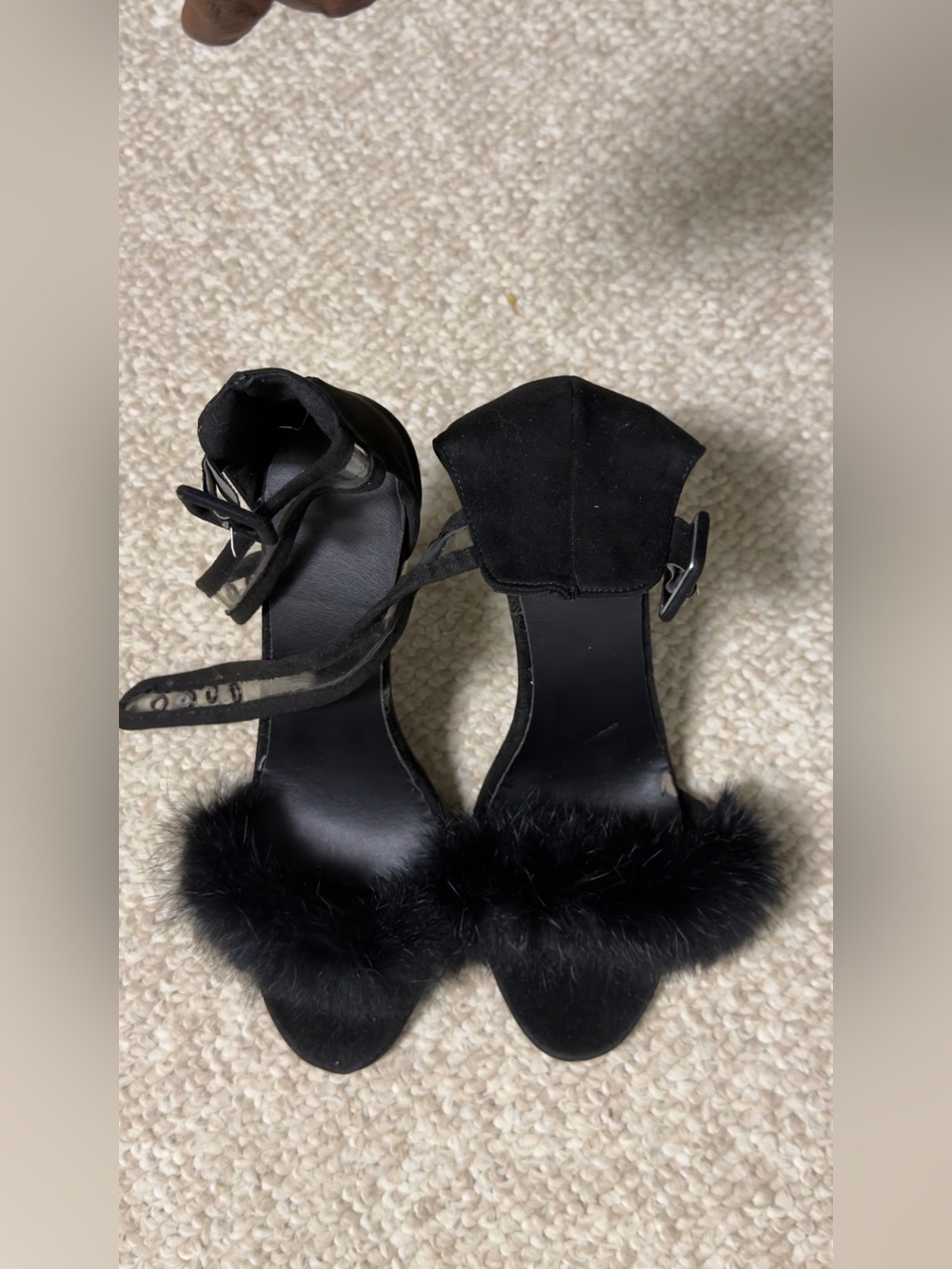 Black Faux Fur Ankle Strap Heels